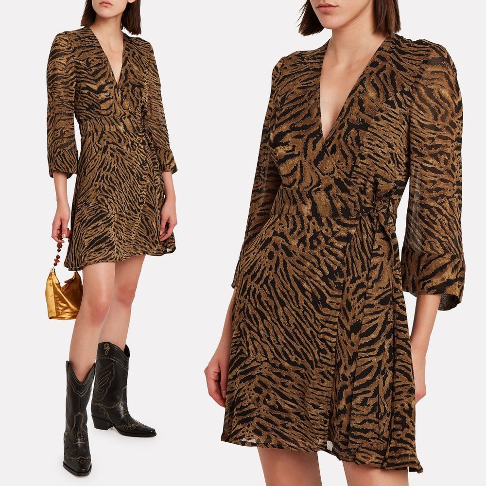 NWT Ganni Tiger Print Brown Wrap Mini Dress